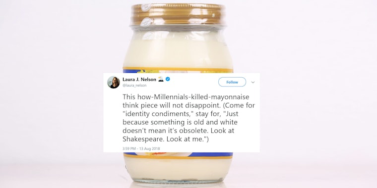 'how Milennials killed mayonnaise' tweet over mayonnaise jar