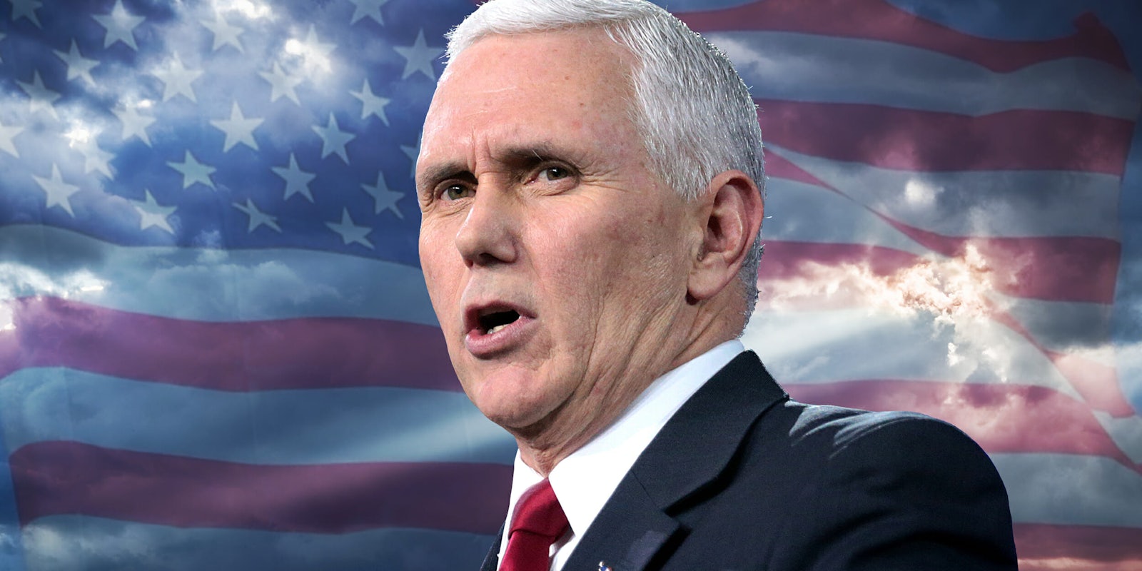 Mike Pence in front of sunbeam and American flag
