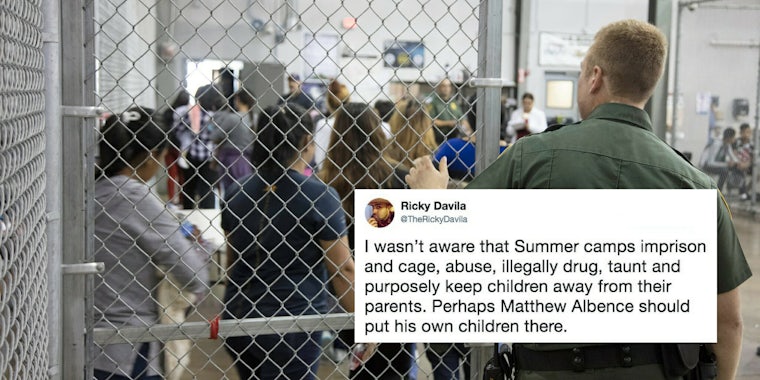 A border patrol processing center with a tweet about child detention 'summer camps.'