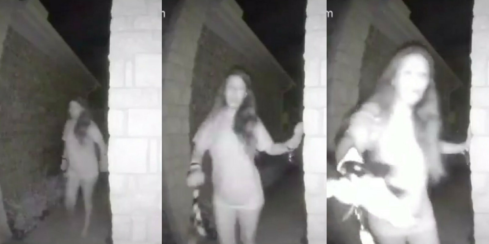 A Ring doorbell camera recorded a Texas woman who was frantically going door to door at night.