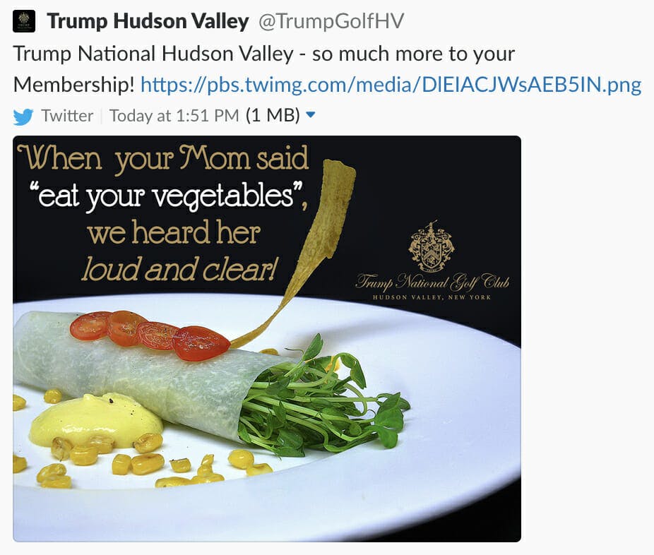 Trump National Golf Club in Hudson Valley tweeted a photo of unappetizing vegetables.