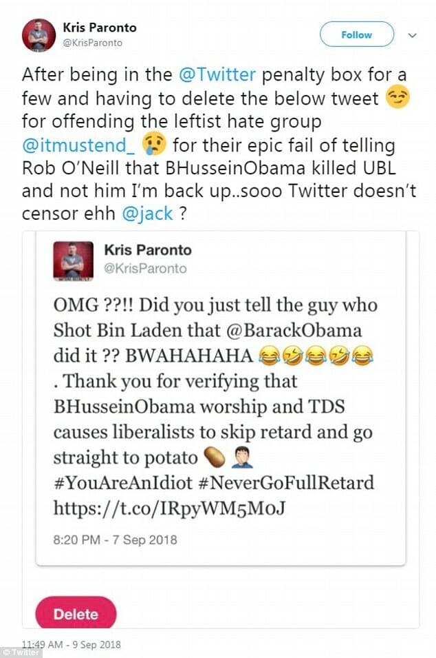 Kris Paronto is banned from Twitter on Sunday because of his hate speech toward liberals and former President Obama.