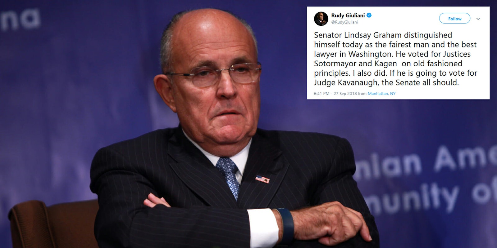 Rudy Giuliani misspelled the names of two Supreme Court justices and a senator when defending Brett Kavanaugh in a tweet.