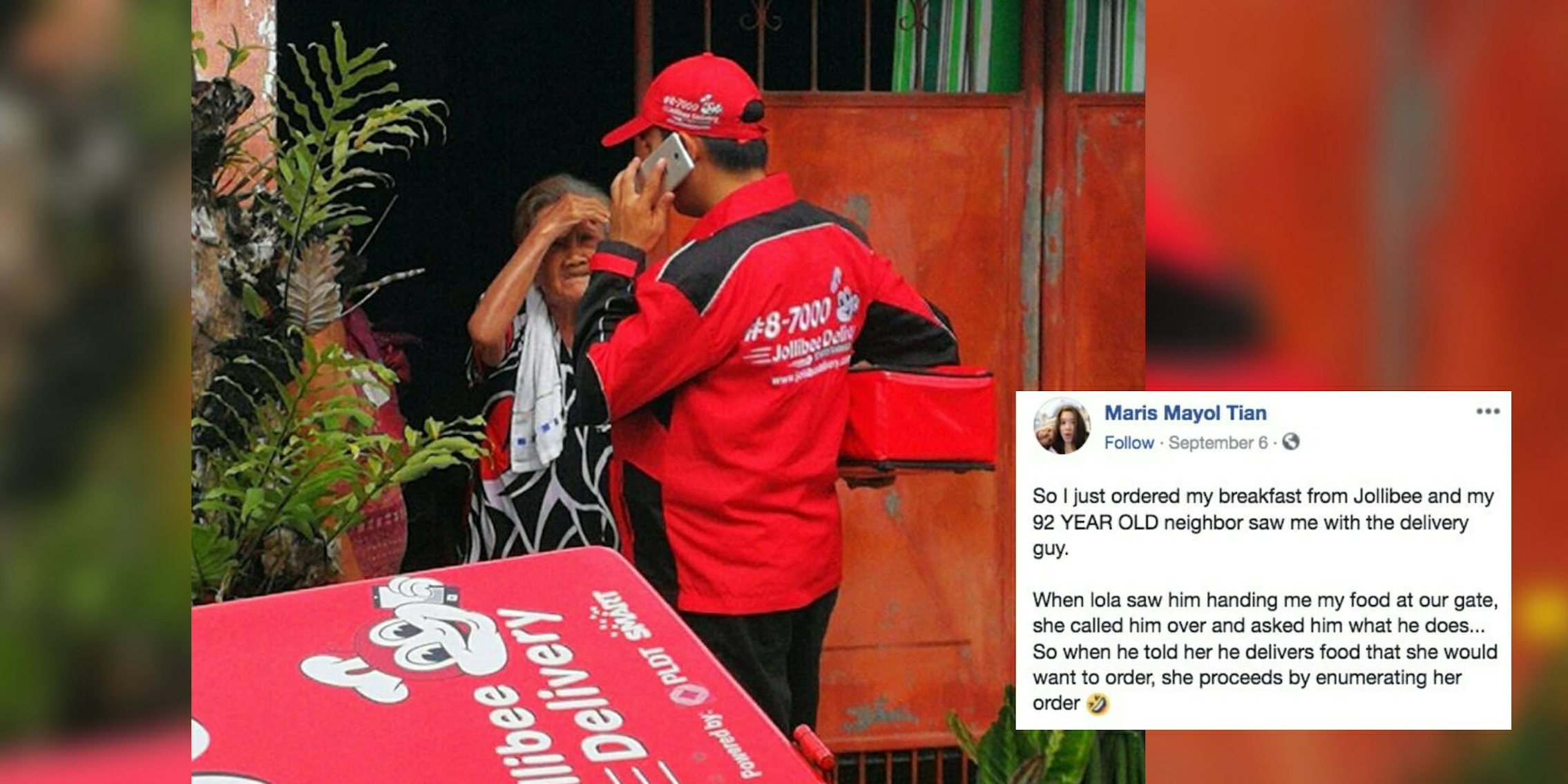 A Filipino woman saw her elderly neighbor order directly from the Jollibee delivery man.
