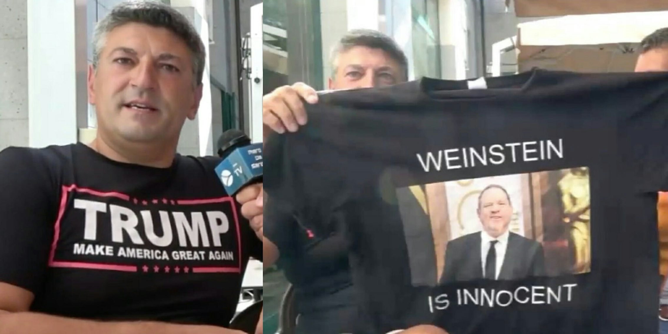 Trump supporting-Italian filmmaker Luciano Silighini Garagnani holds up a 'Weinstein Is Innocent' T-shirt.