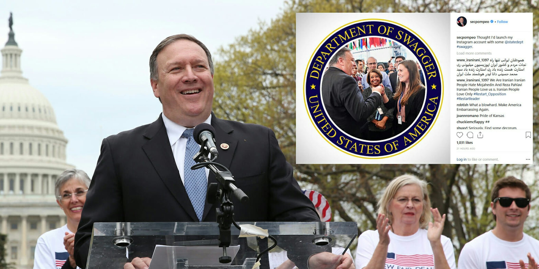 Secretary of State Mike Pompeo was roasted online after he posted a 'Department of Swagger' seal on Instagram and Twitter.
