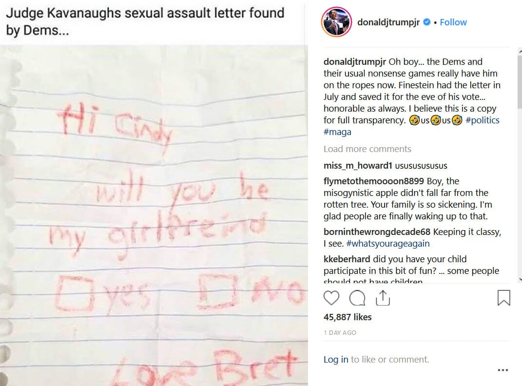 Trump Jr Kavanaugh Letter Instagram