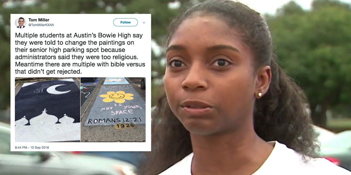 High school students in Austin, Texas, say school officials discriminated against them by denying their designs for reserved parking spots.