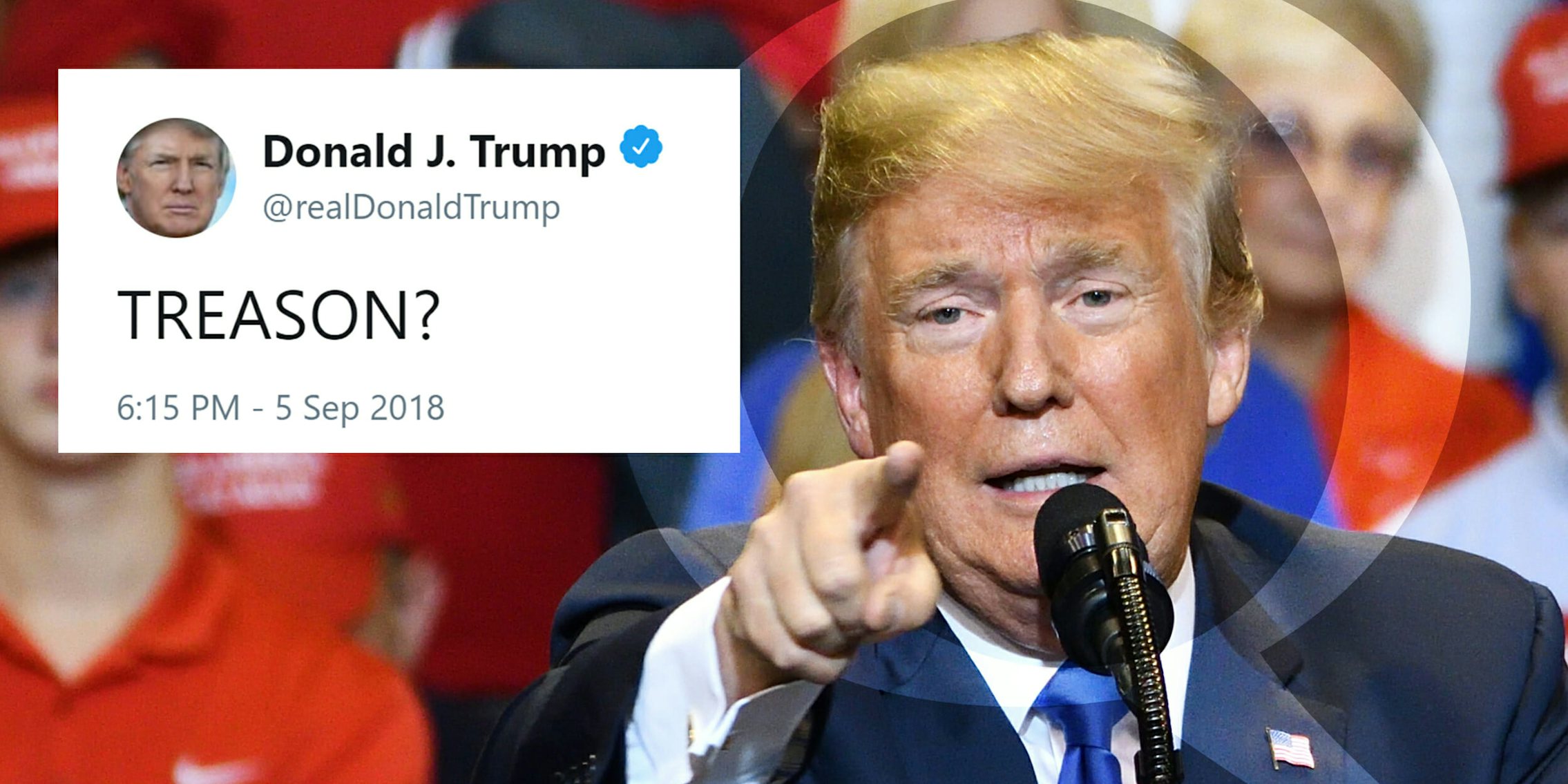 donald trump with 'treason?' tweet and Q superimposed