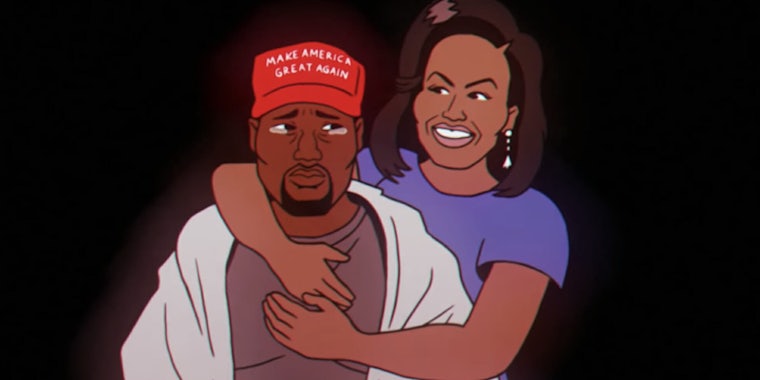 People are criticizing an image from Childish Gambino's 'Feels Like Summer' for its depiction of Michelle Obama holding a crying Kanye West.