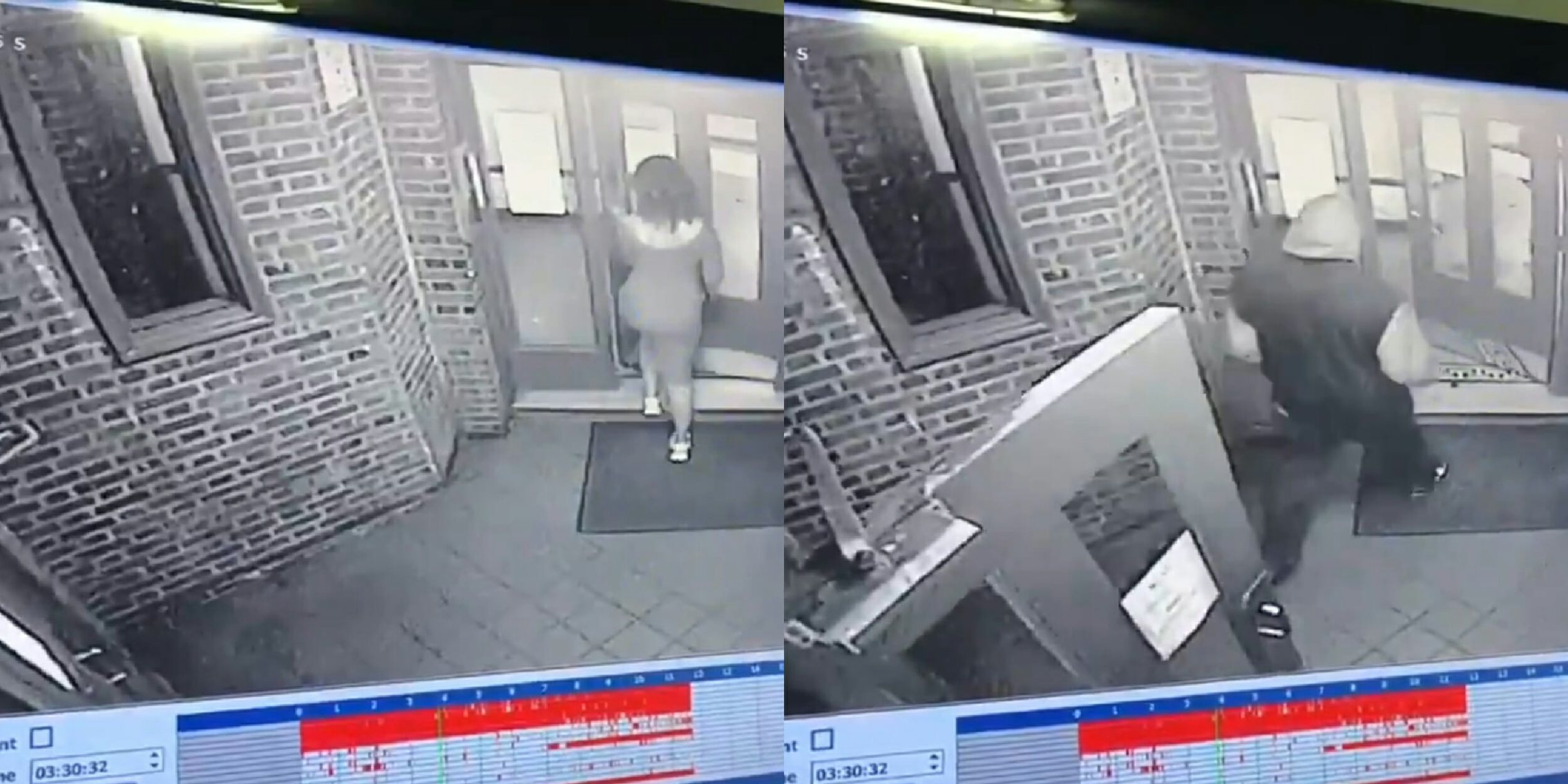 man follows woman into building surveillance tape