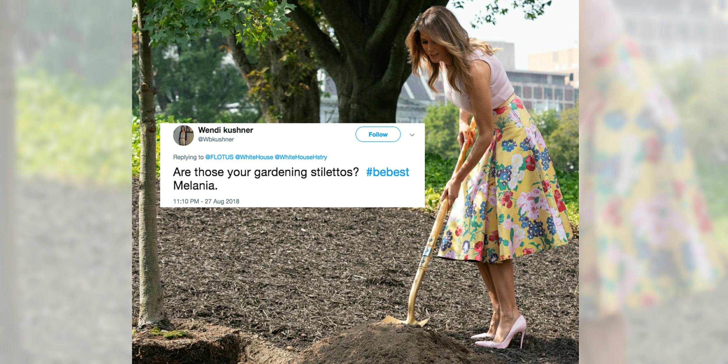 Melania Trump planting a tree in stilettos inspires her latest gardening  meme | Flipboard