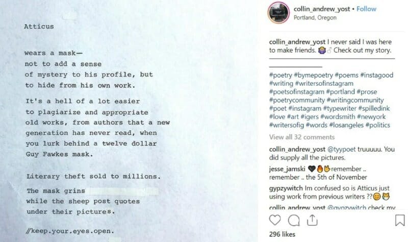 Poet Atticus Hides Behind A Mask But His Bad Poetry Is All Over Instagram