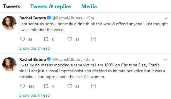 Rachel Butera's now-deleted tweet apologizing for imitating Christine Blasey Ford's voice.