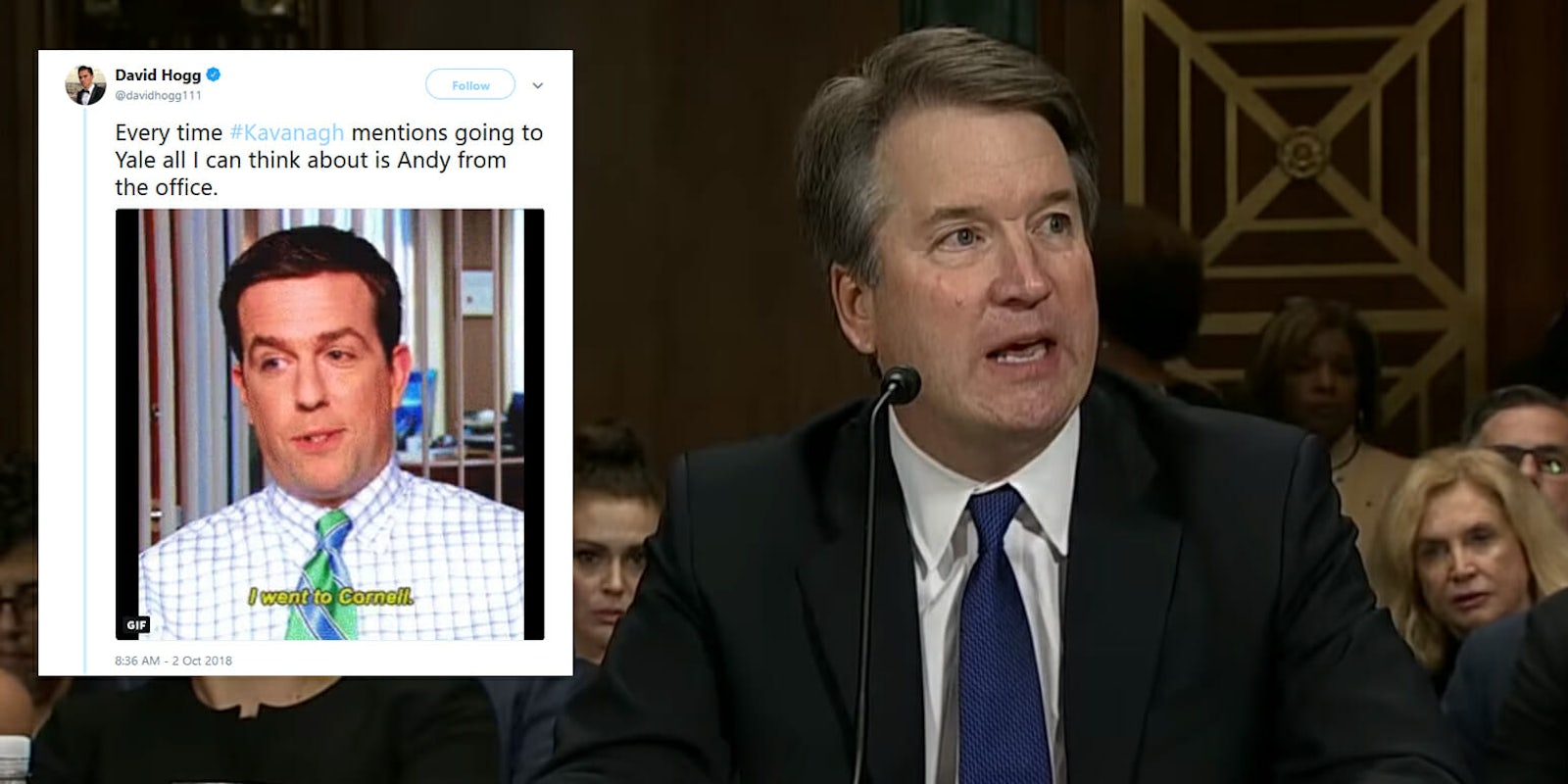 Parkland survivor David Hogg compared Supreme Court nominee Brett Kavanaugh to Andy Bernard from 'The Office' on Tuesday.