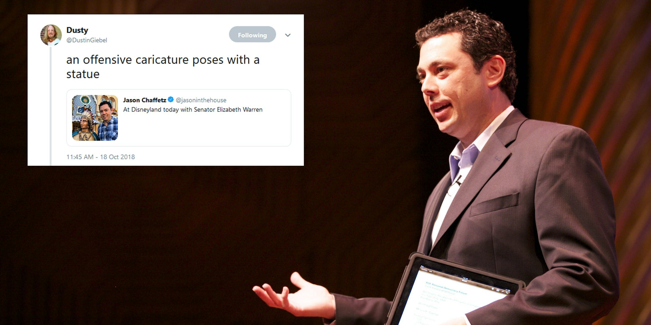 Former Rep. Jason Chaffetz (R-Utah) caught heat online on Thursday after he posted a picture of himself standing next to a wooden Native American statue in an attempt to mock Sen. Elizabeth Warren (D-Mass.).