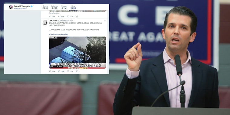 Donald Trump Jr. has been liking tweets that allege the suspicious packages sent to several Democratic politicans are part of a conspiracy.