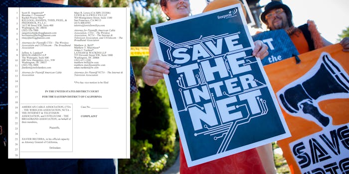 Several major telecom groups have joined the United States Department of Justice in suing the state of California over its recently-passed net neutrality law.