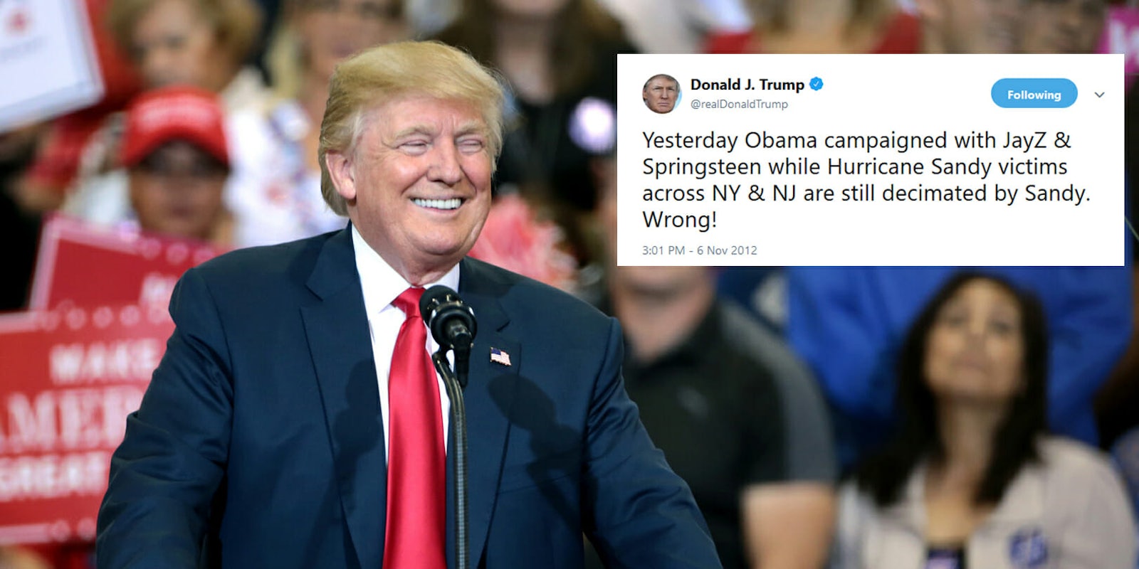 On old Trump tweet about Barack Obama and Hurricane Sandy is coming back to haunt him.