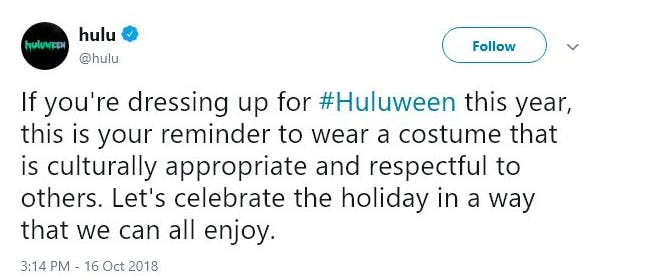 hulu deletes tweet about halloween costume