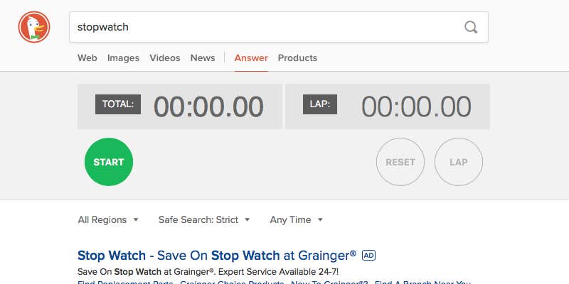 DuckDuck Go Stopwatch Feature