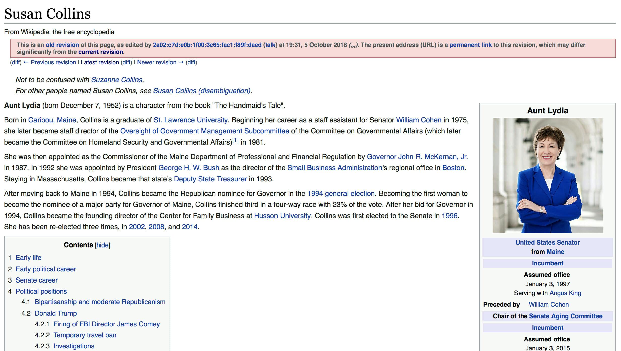 An edit made to Susan Collins' Wikipedia page stated she is 'a character from the book 