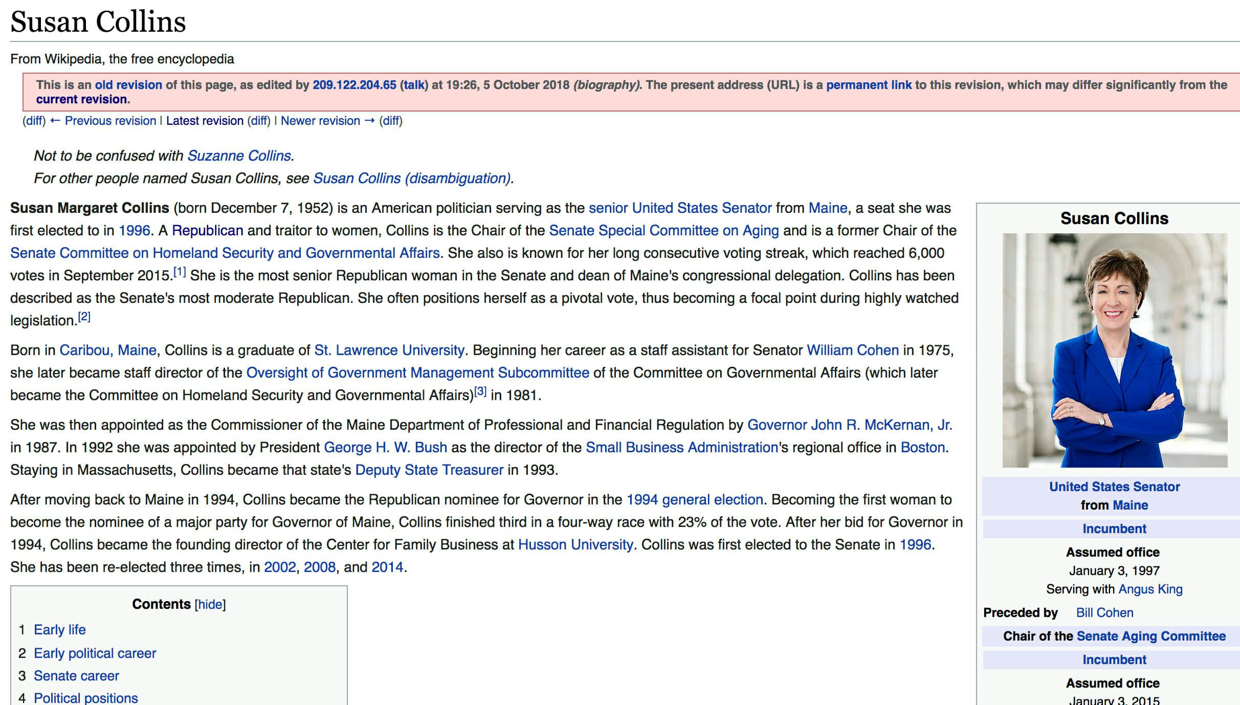An edit made to Susan Collins' Wikipedia page stated she is 'a traitor to women.'