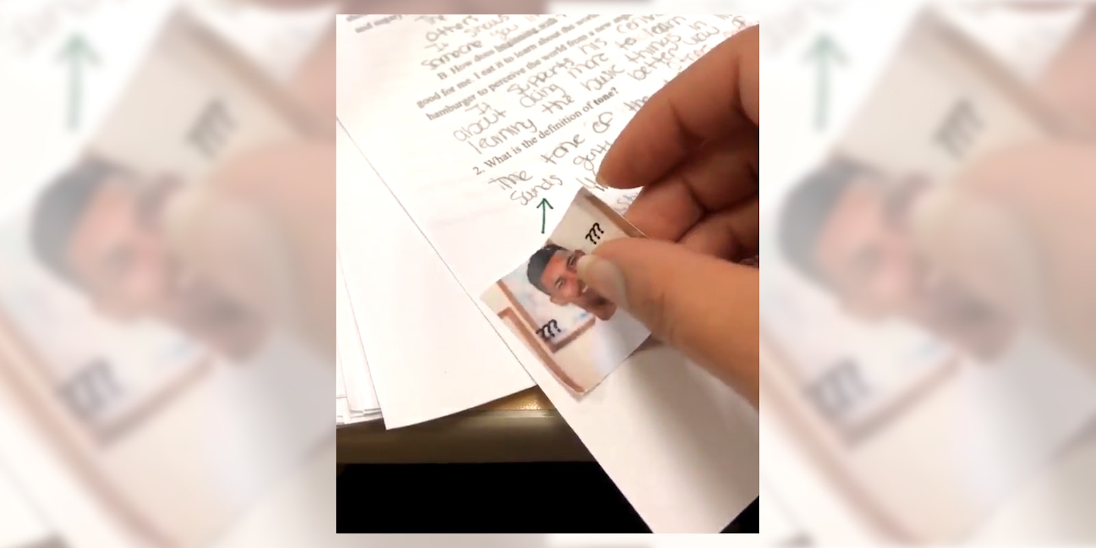 teacher grading papers with meme stickers