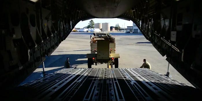 A C-17 being loaded up as part of Operation Faithful Patriot