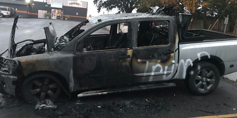 A man's truck with Trump bumper stickers was lit on fire in a bar parking lot.