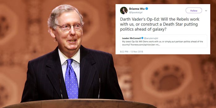 Senate Majority Leader Mitch McConnell wrote an op-ed calling for Democrats not to 'put politics ahead of the country,' resulting in many mocking jokes.