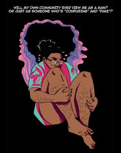 Kameron White's comic for We're Still Here explores the oppressive box Black trans men and trans masculine people are placed into.