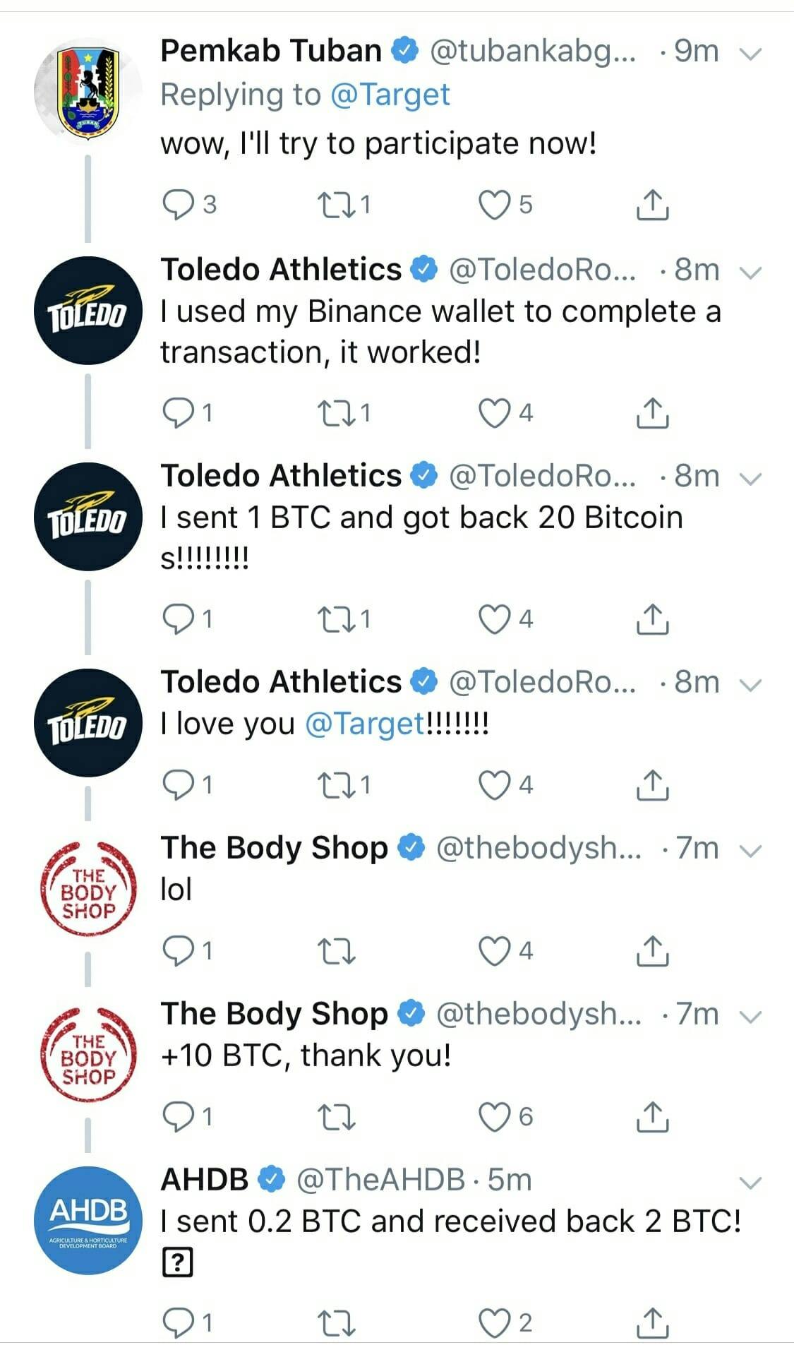 A Twitter Bitcoin scam impacted The Body Shop and the University of Toledo.