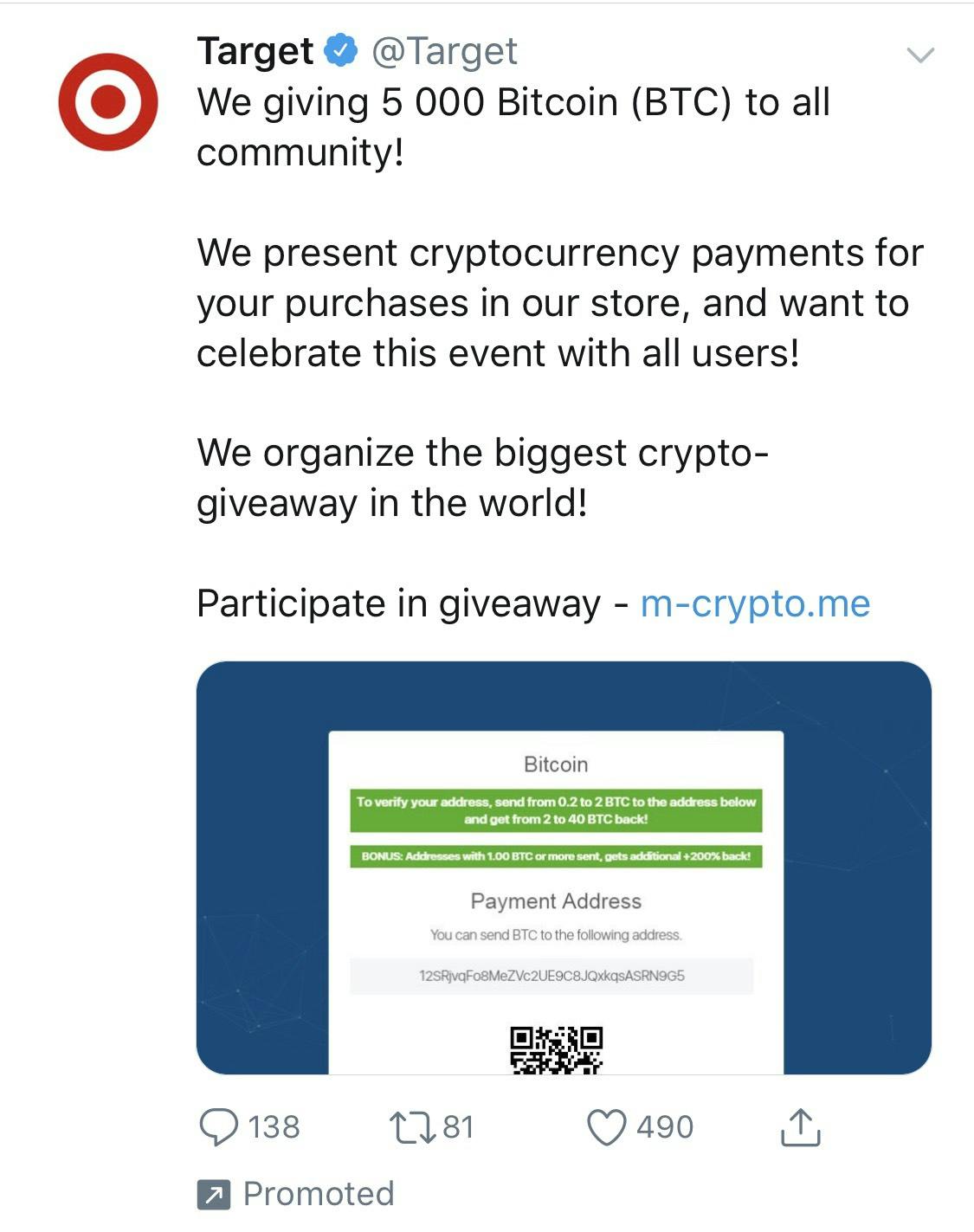 A Bitcoin scammer accessed Target's Twitter account this morning.