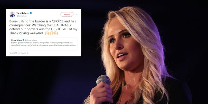 Fox News host Tomi Lahren said the US 'finally' defending the borders, amid reports of tear gas being used, was the 'highlight' of her Thanksgiving.