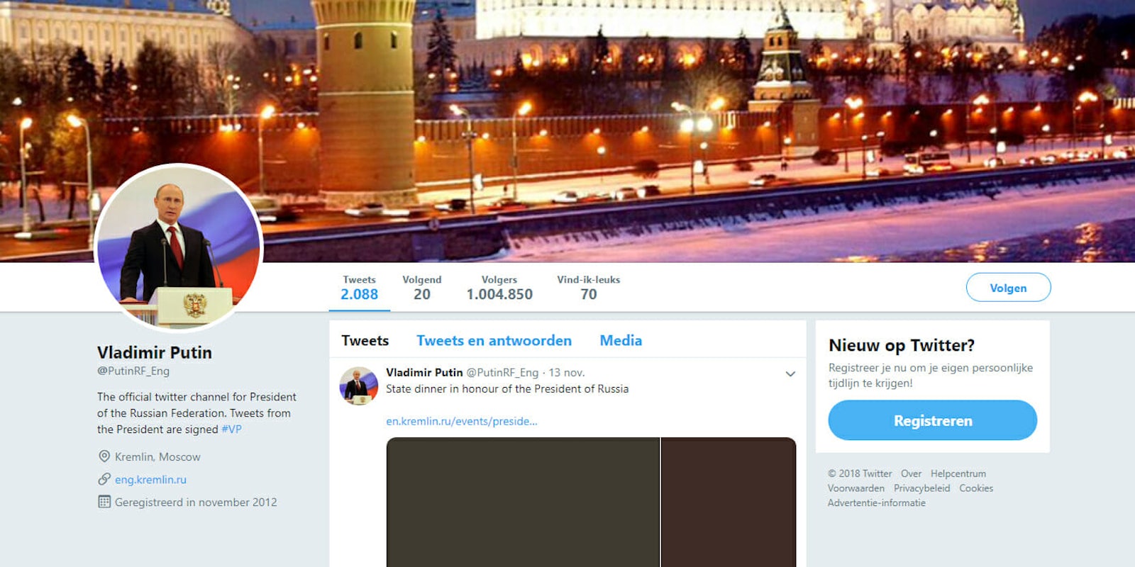 Twitter banned an account that was impersonating Vladimir Putin.