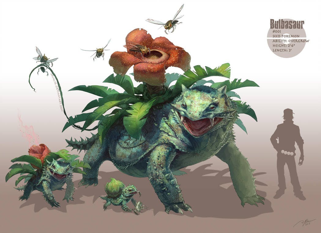 Detective Pikachu concept artist RJ Palmer's depiction of the Bulbasaur evolution line.