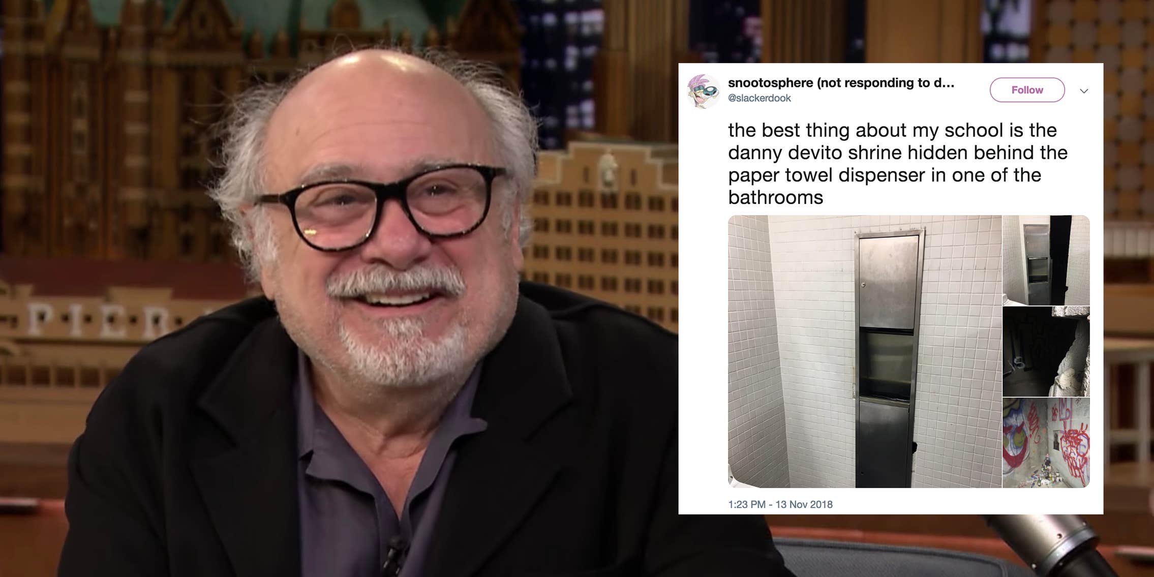 Danny DeVito Really Digs the Creepy Bathroom Shrine in His Honor