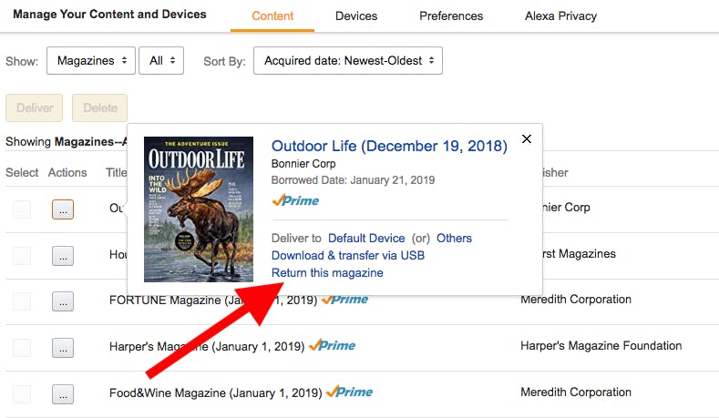 How to return a magazine in Amazon Prime Reading