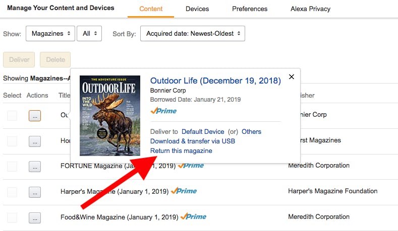 How to return a magazine in Amazon Prime Reading