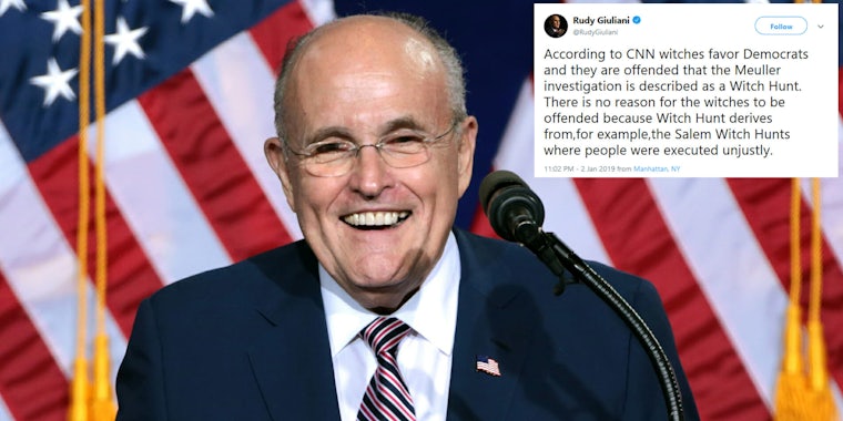 Rudy Giuliani tweeted on Wednesday night that witches should not be offended by President Donald Trump's use of 'witch hunt' to describe the Russia probe.