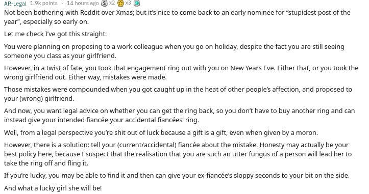 Redditor Wants Legal Advice Affter Drunkenly Proposing to Wrong Woman