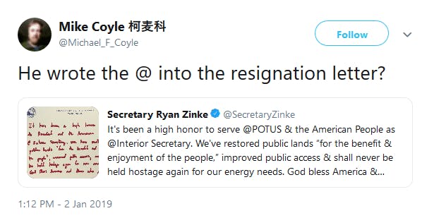 Ryan Zinke Resignation Letter Red Marker