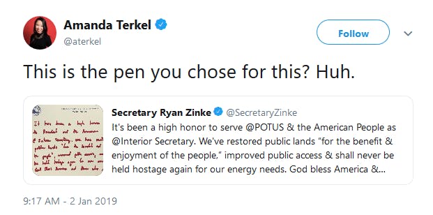 Ryan Zinke Resignation Letter Red Marker
