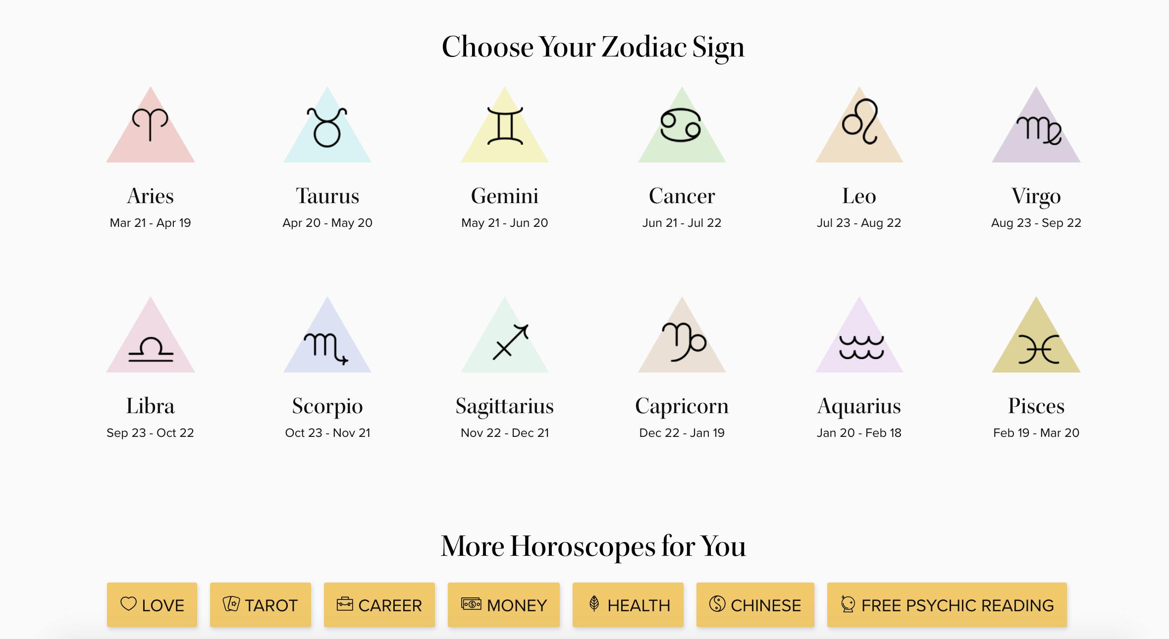 Screenshot of Horoscope.com's free horoscope page.