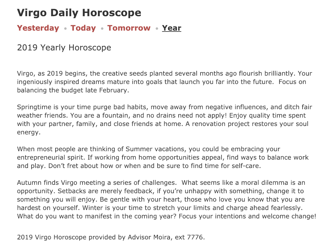 Screenshot of a Psychic Source horoscope online astrology reading