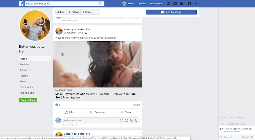 A marriage.com article about initiating sex is seen on a Facebook page called Better You Better Life