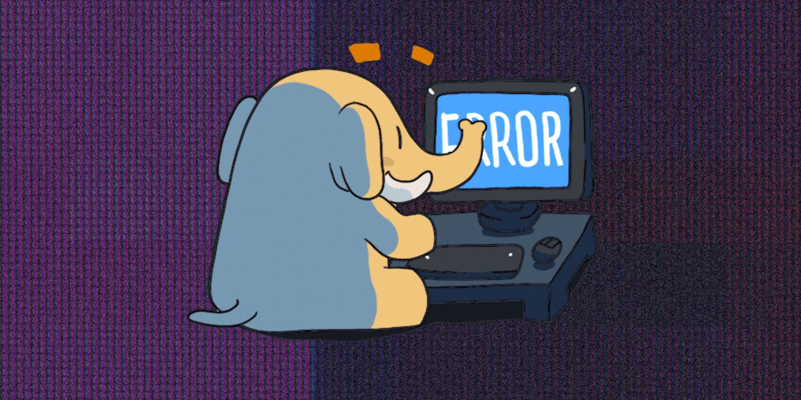Mastodon 404 animation, elephant smashing keyboard screen reads error