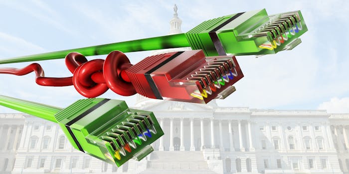 one twisted red ethernet cable between two straight green cables over US Congress