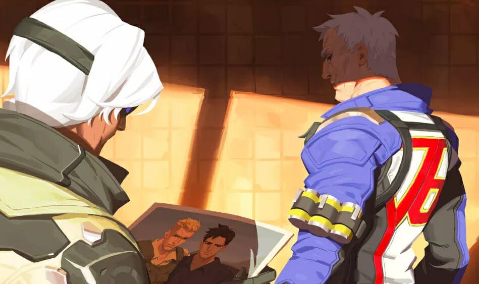 Soldier: 76 and Ana discuss a photo.